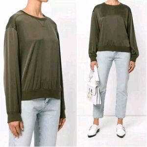 Theory Massar 100%‎ Silk Satin Vine Green Sweatshirt Blouse Top Preppy Lagenlook
